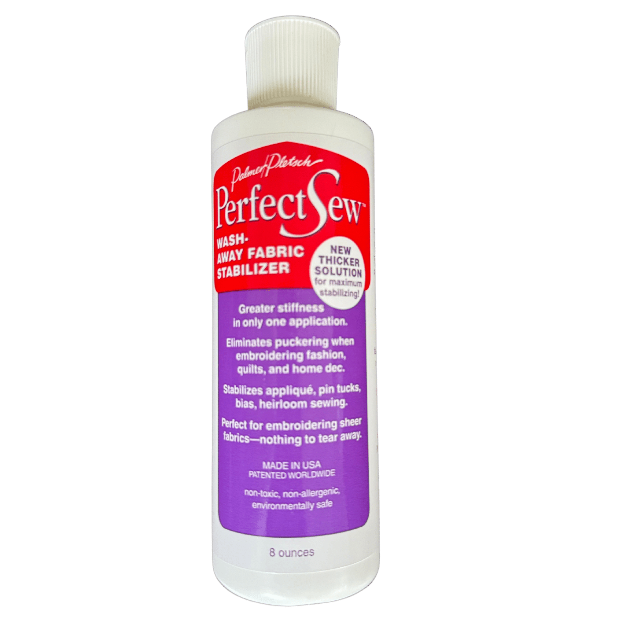 A white bottle of Perfect Sew stiffener for sewing.  The label has a horizonal stripe of red and purple