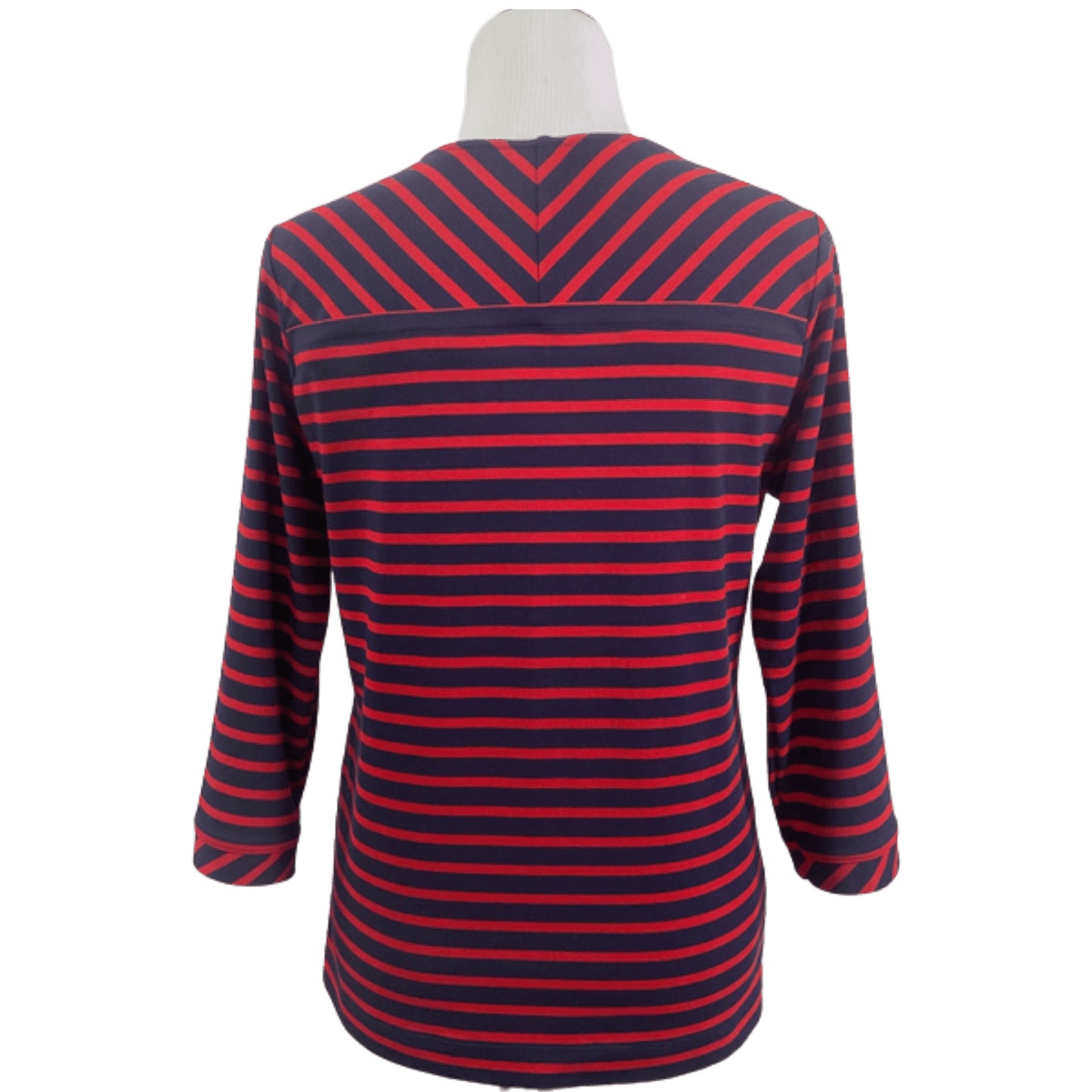 The back of a navy and red striped shirt on a mannequin