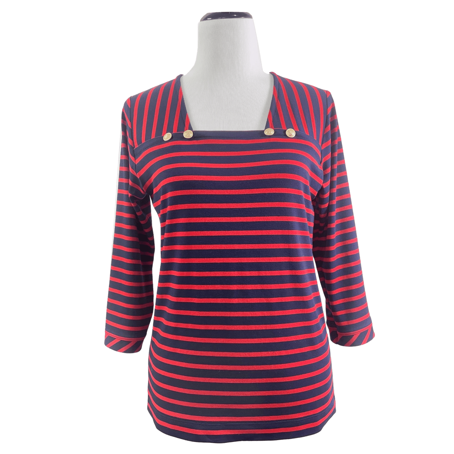 A navy and red striped shirt on a mannequin