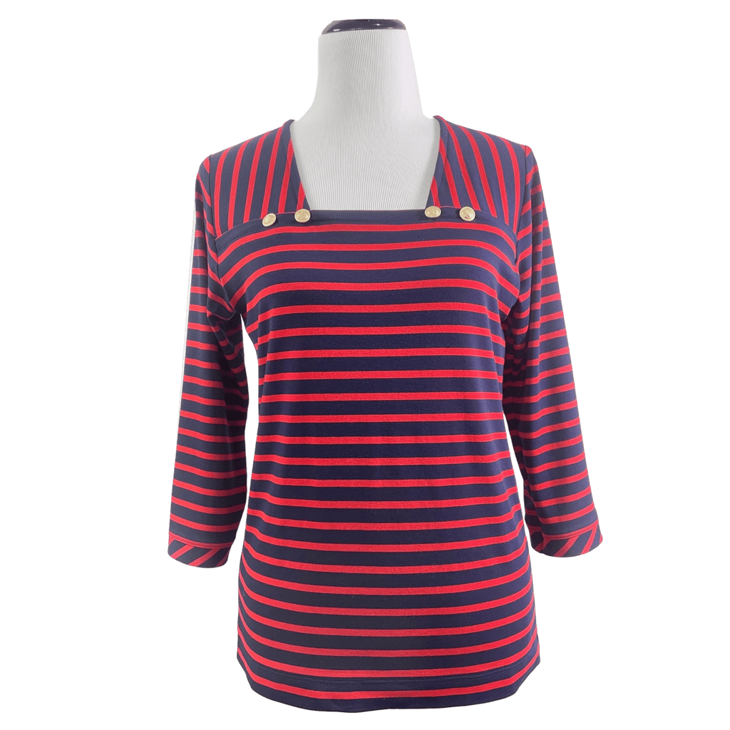 A digital sewing pattern for a long sleeved tunic.  The garment is a navy and red striped shirt on a mannequin