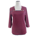 A digital sewing pattern for a long sleeved tunic.  The garment is a navy and red striped shirt on a mannequin