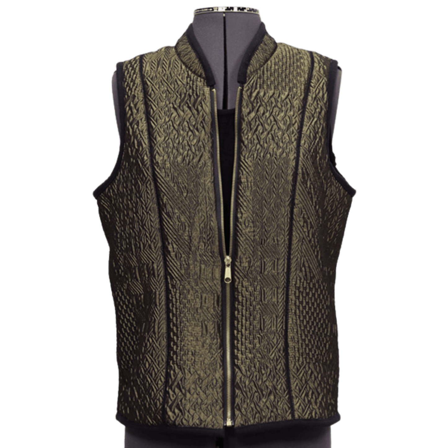 A sleeveless olive green vest on a mannequin