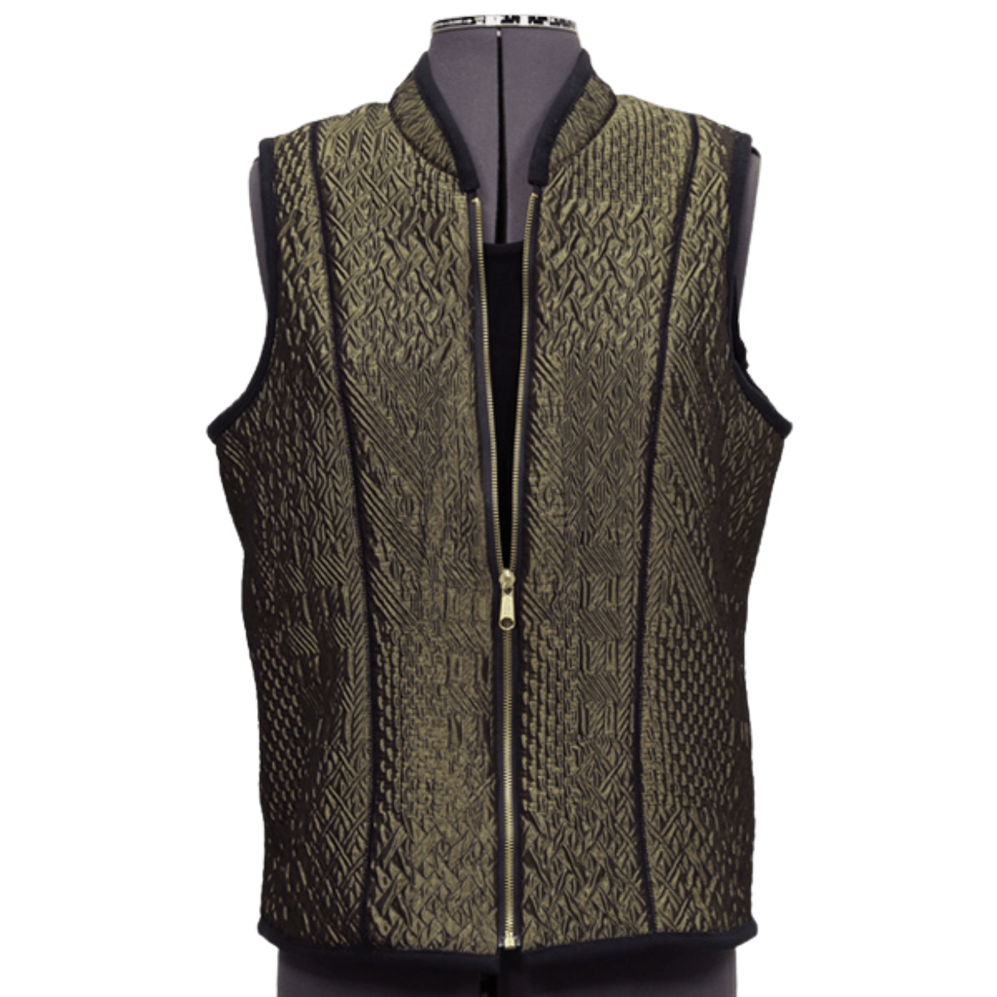 A digital sewing pattern for a sleeveless vest.  The garment is olive green and is on a mannequin