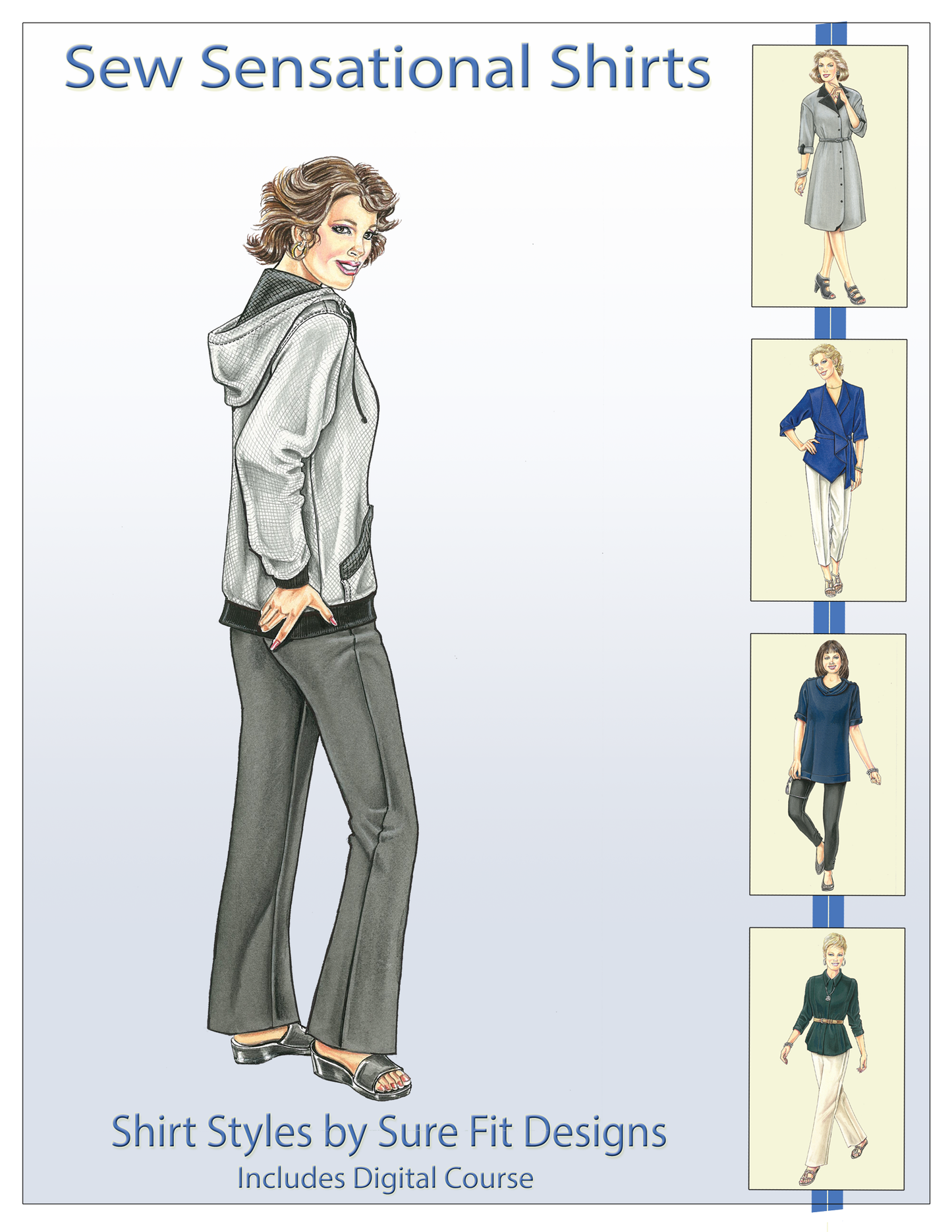 Book cover of 'Sew Sensational Shirts' by Sure Fit Designs with a woman in a gray outfit and shirt styles illustrations.