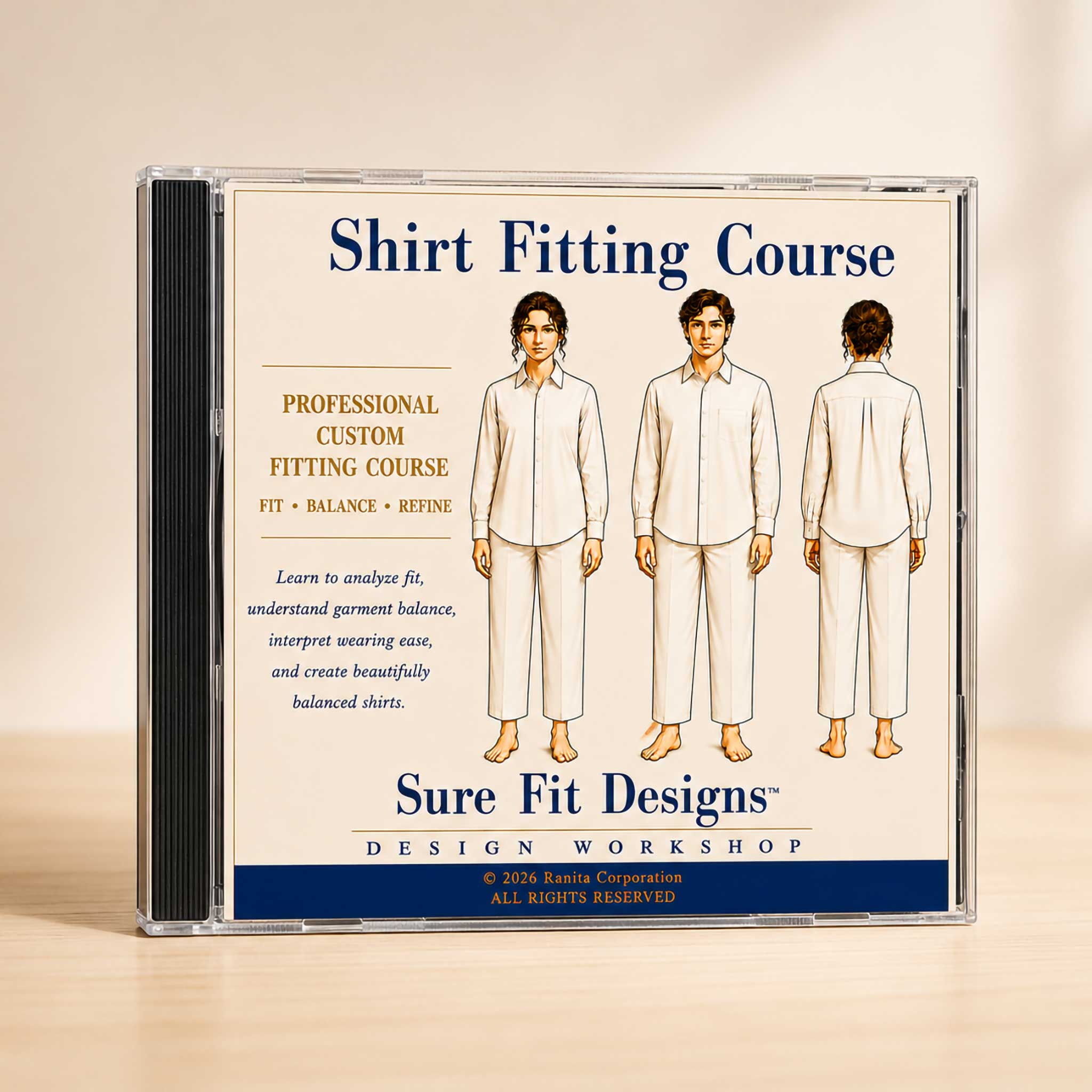 A Shirt Fitting  course displayed on a light maple table in a CD case.