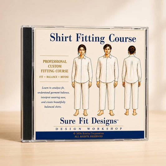 A Shirt Fitting  course displayed on a light maple table in a CD case.