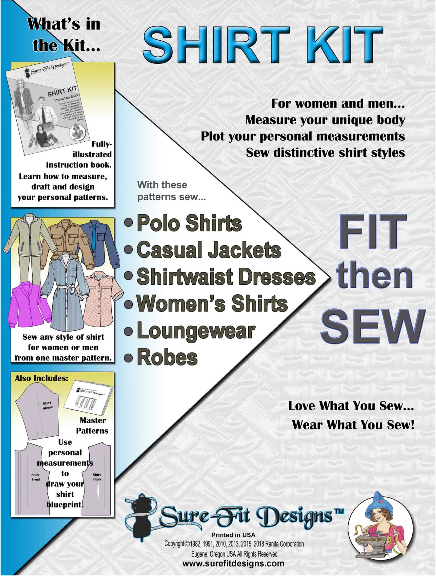 A sewing pattern from Sure Fit Designs for a shirt kit with sewing patterns and instructions on a textured background