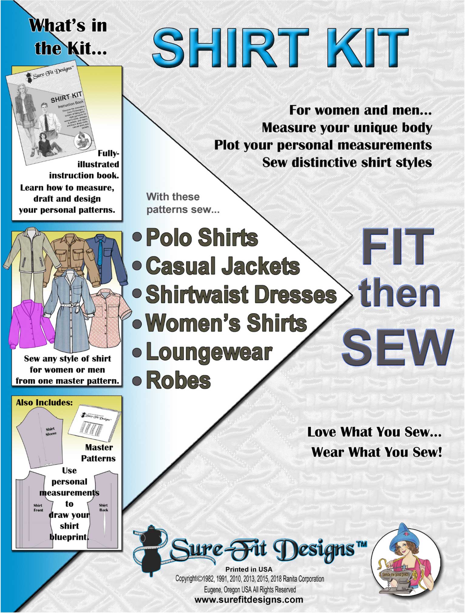 A sewing pattern from Sure Fit Designs for a shirt kit with sewing patterns and instructions on a textured background