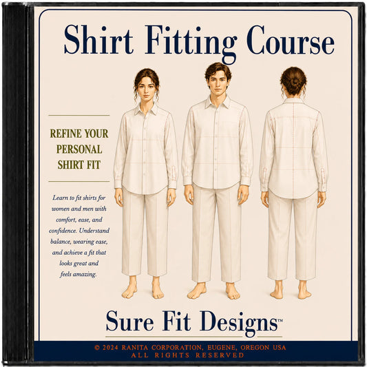 DVD cover of 'Shirt Fitting Course' by Sure Fit Designs with illustrations of people wearing shirts.