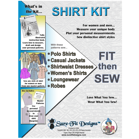 A 10 X 13 sewing pattern envelope that is blue and white.  It says shirt kit and is for sewing shirts for men and women