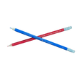 There are two colored pencils one red and one blue crossed over each other 
