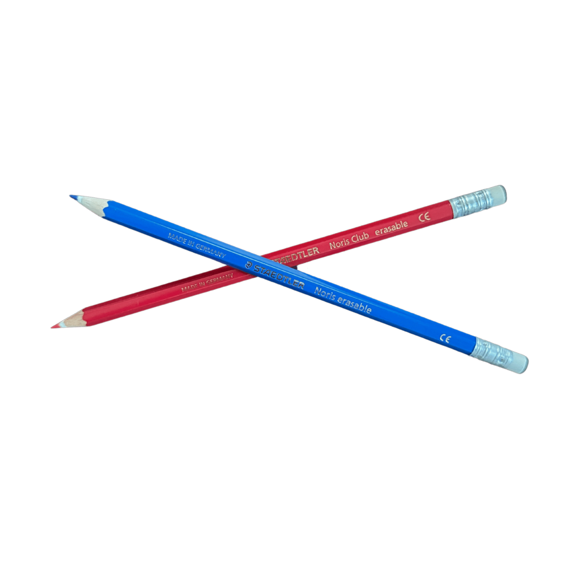 There are two colored pencils one red and one blue crossed over each other 
