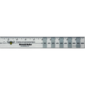 A 10-inch clear plastic ruler with gray stripes every other inch, used to measure the stretch and recovery of knit fabrics