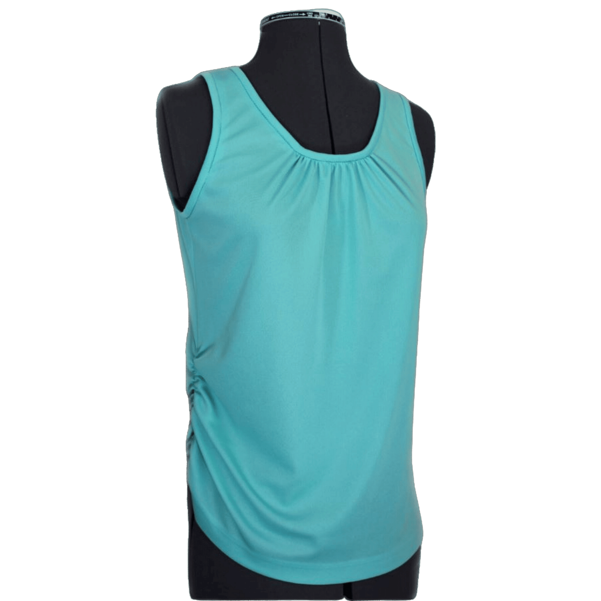 A pretty blue-green tank top with gathers at  the center front on a mannequin