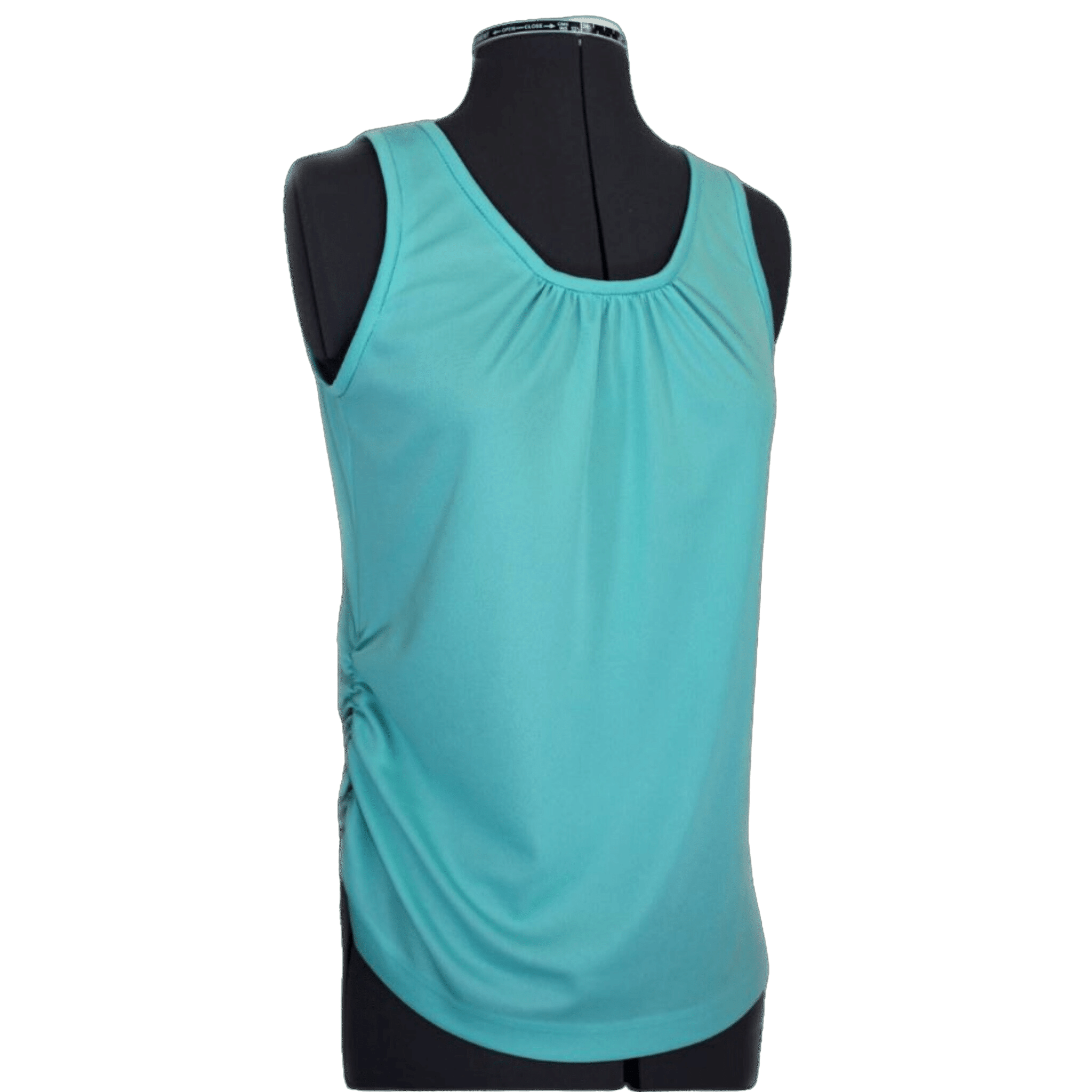 A digital sewing pattern for a tank top. A pretty blue-green tank top with gathers at the center front on a mannequin