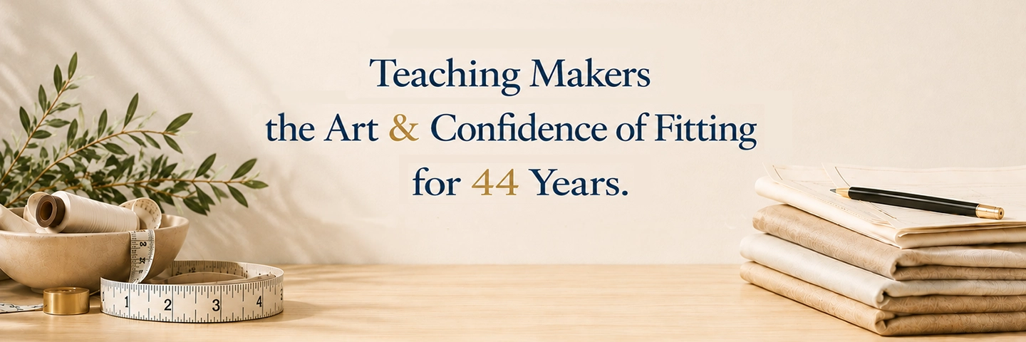 A styled tabletop scene with a cream wall backdrop, navy text reading 'Teaching Makers the Art & Confidence of Fitting for 44 Years.', a measuring tape, greenery, folded papers, and a pen on a light wood surface.