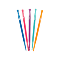 five sewing stylus displayed vertically next to each other.  From the left there is blue, fuscia, purple, teal and orange