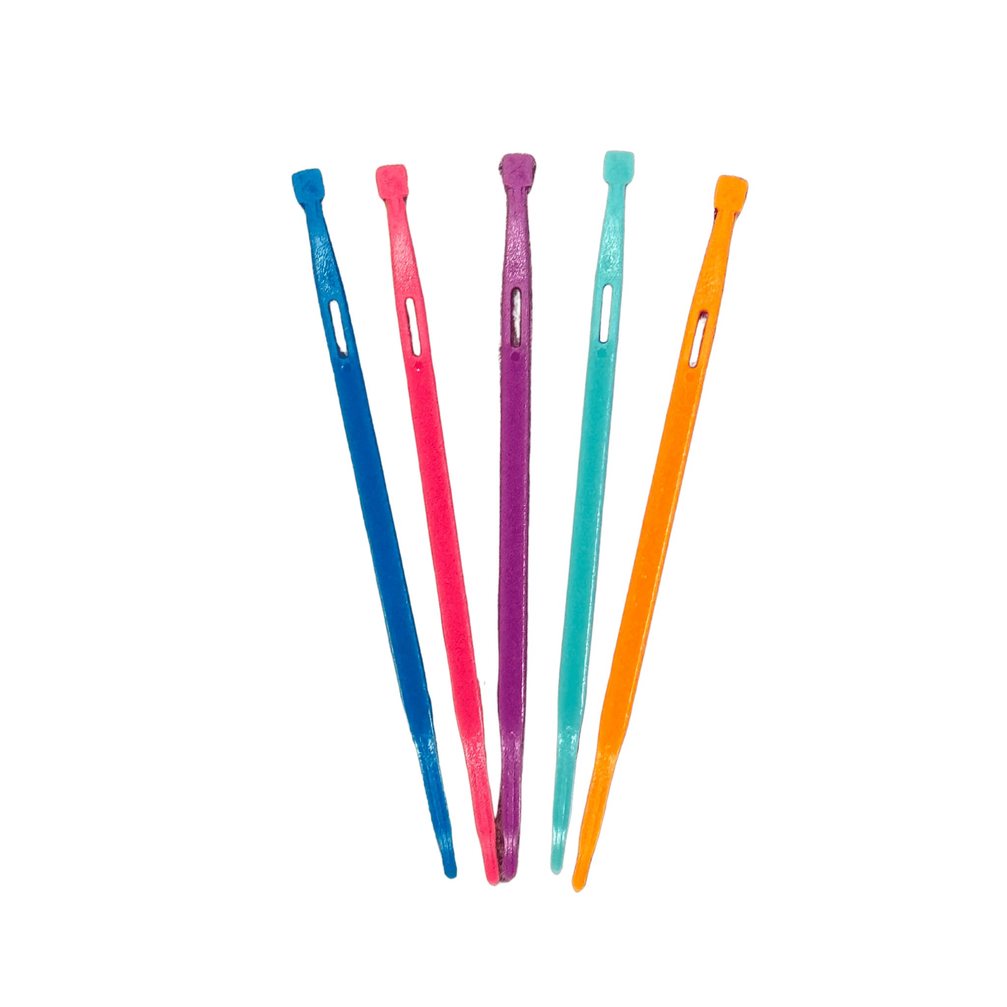five sewing stylus displayed vertically next to each other.  From the left there is blue, fuscia, purple, teal and orange