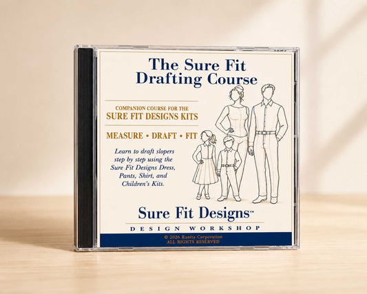 CD case for 'The Sure Fit Drafting Course' by Sure Fit Designs on a beige background