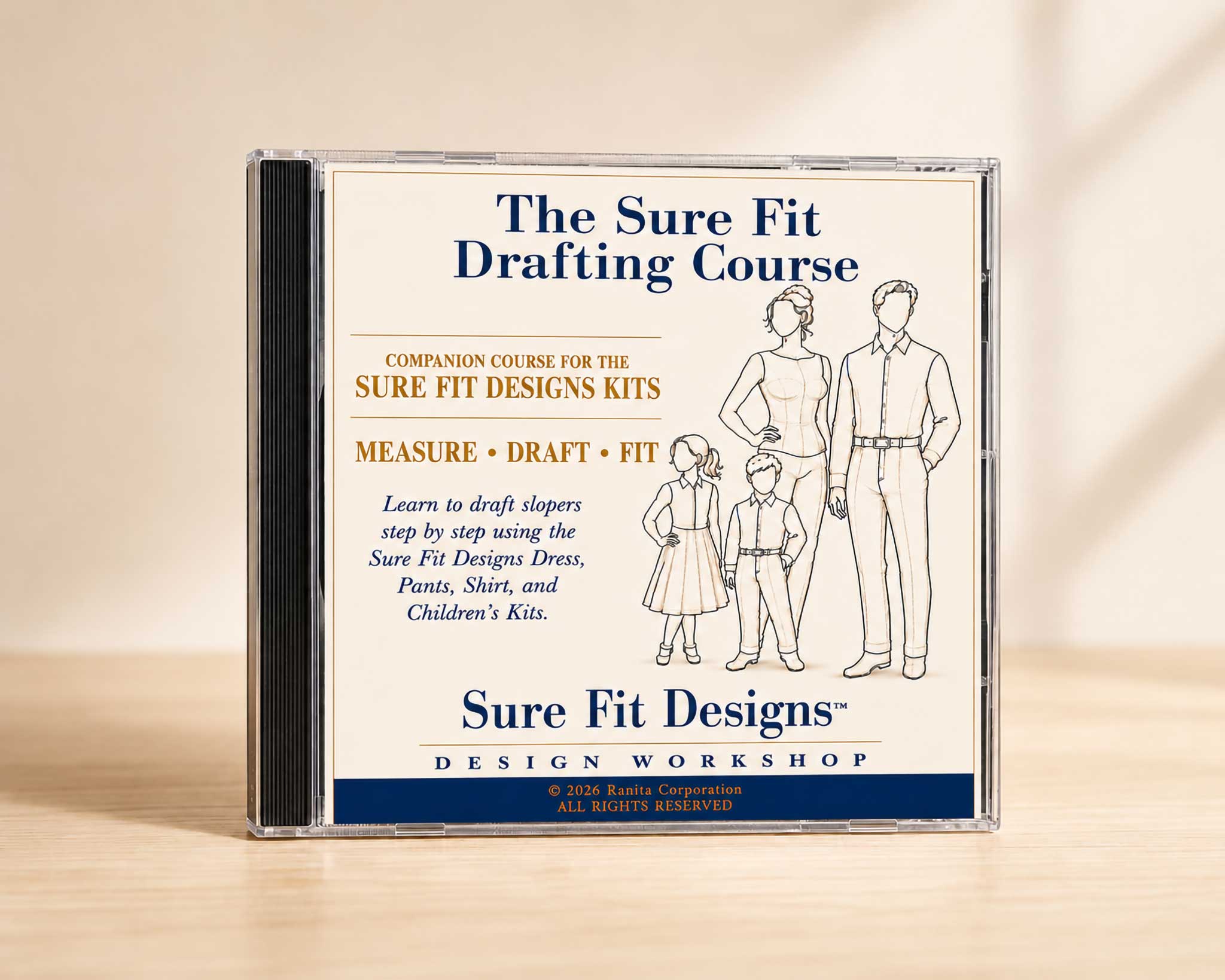 The Sure Fit Drafting Course displayed on a light maple table in a CD case