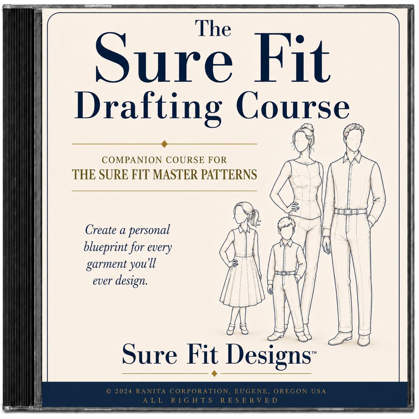 CD cover of 'The Sure Fit Drafting Course' by Sure Fit Designs with illustrations of people and text.