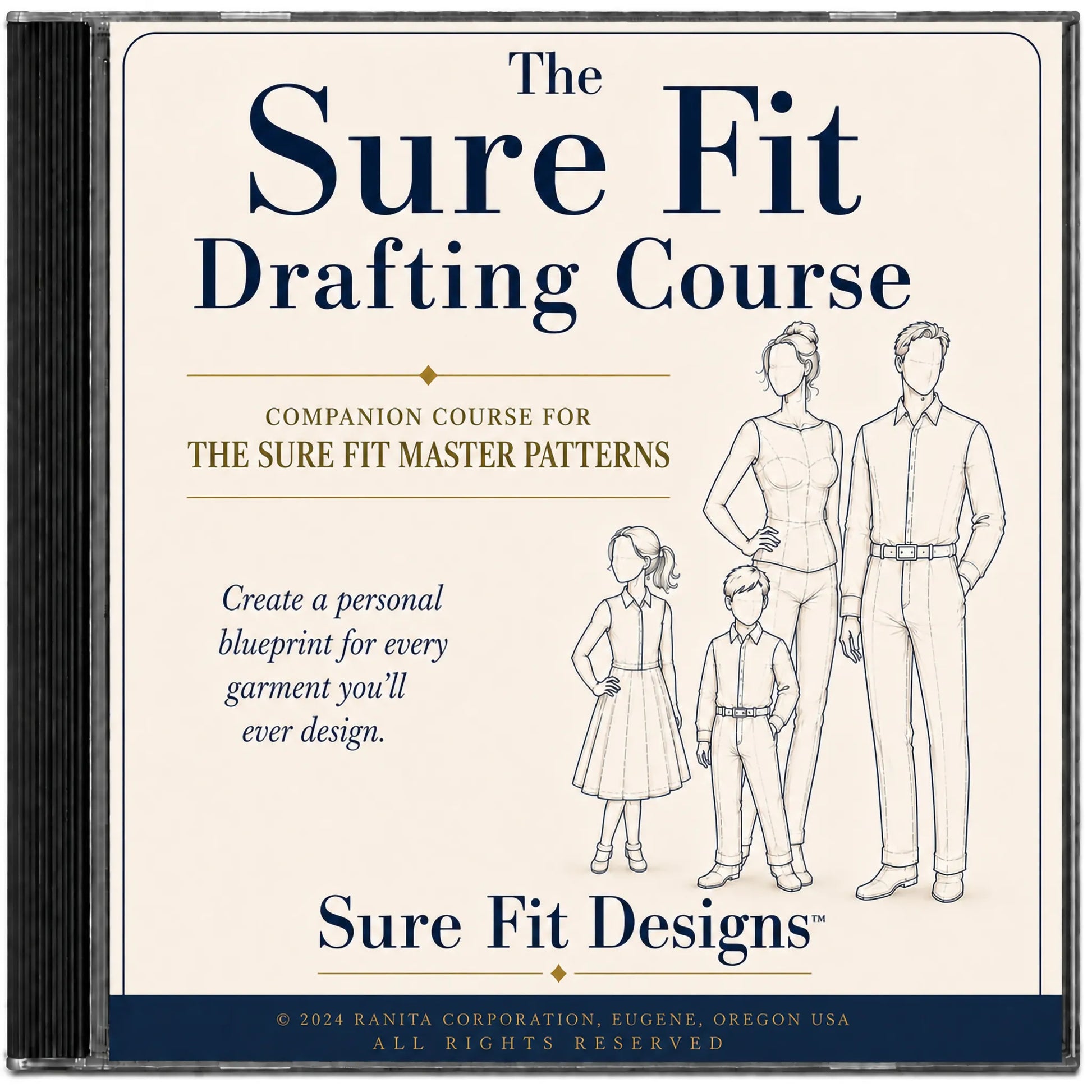 CD cover of 'The Sure Fit Drafting Course' by Sure Fit Designs with illustrations of people and text.