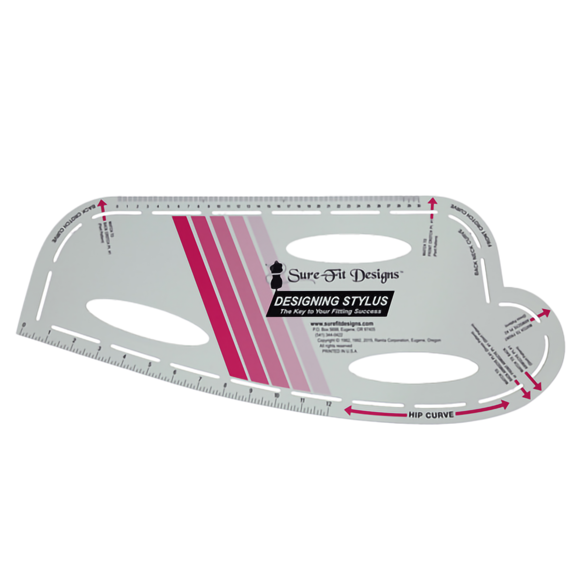 Sure Fit Designs designing stylus, a white plastic pattern making tool with fuscia colored diagonal stripes