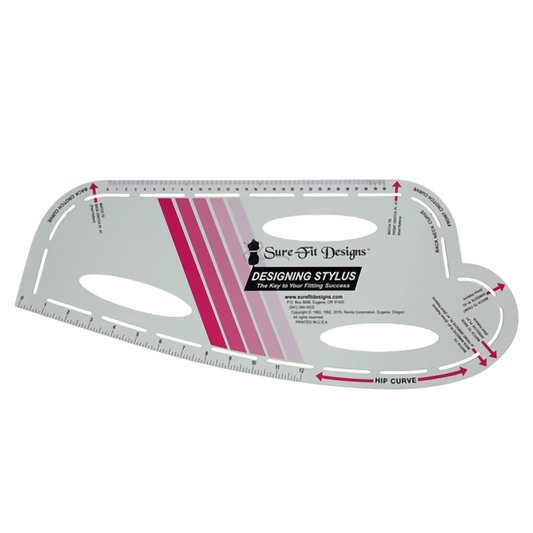Sure Fit Designs designing stylus, a white plastic pattern making tool with fuscia colored diagonal stripes