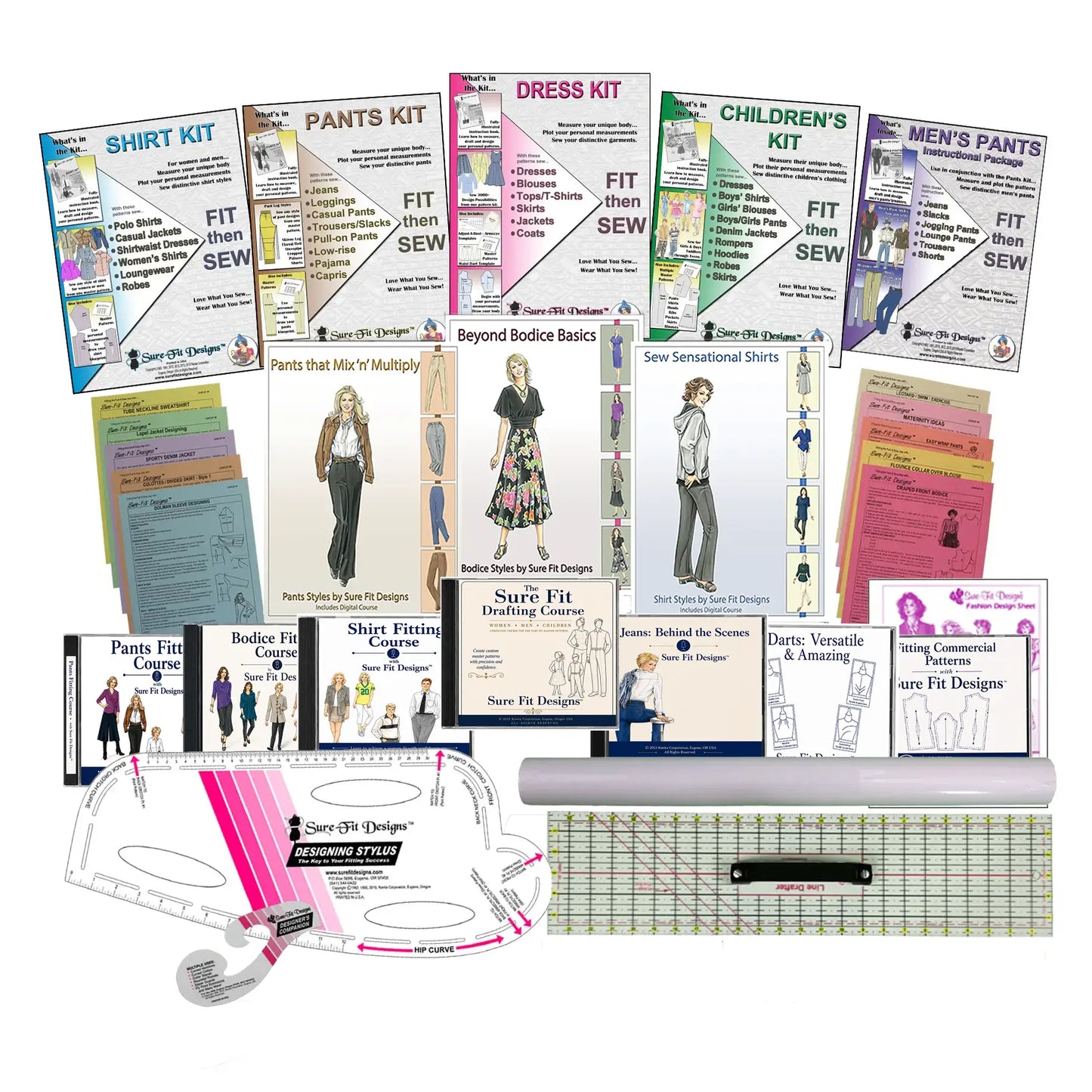 Collection of sewing kits and resources on a white background