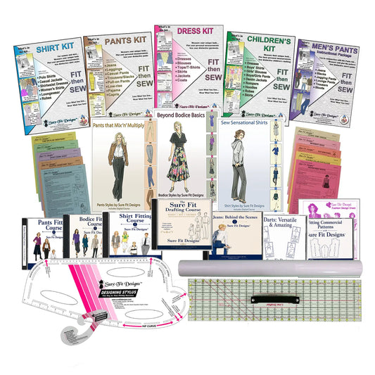 Collection of sewing kits and resources on a white background
