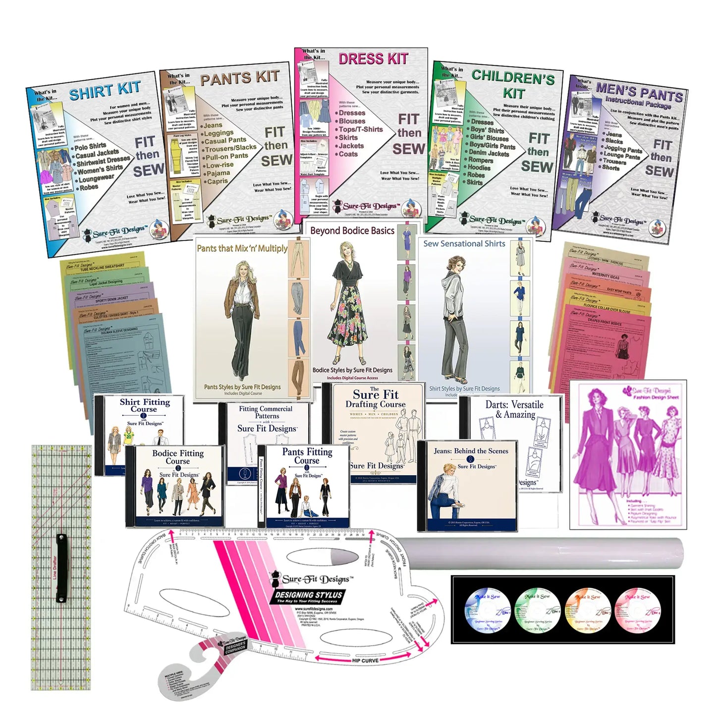 Collection of sewing kits and tools on a white background
