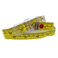 Yellow measuring tape with a red button on a white background