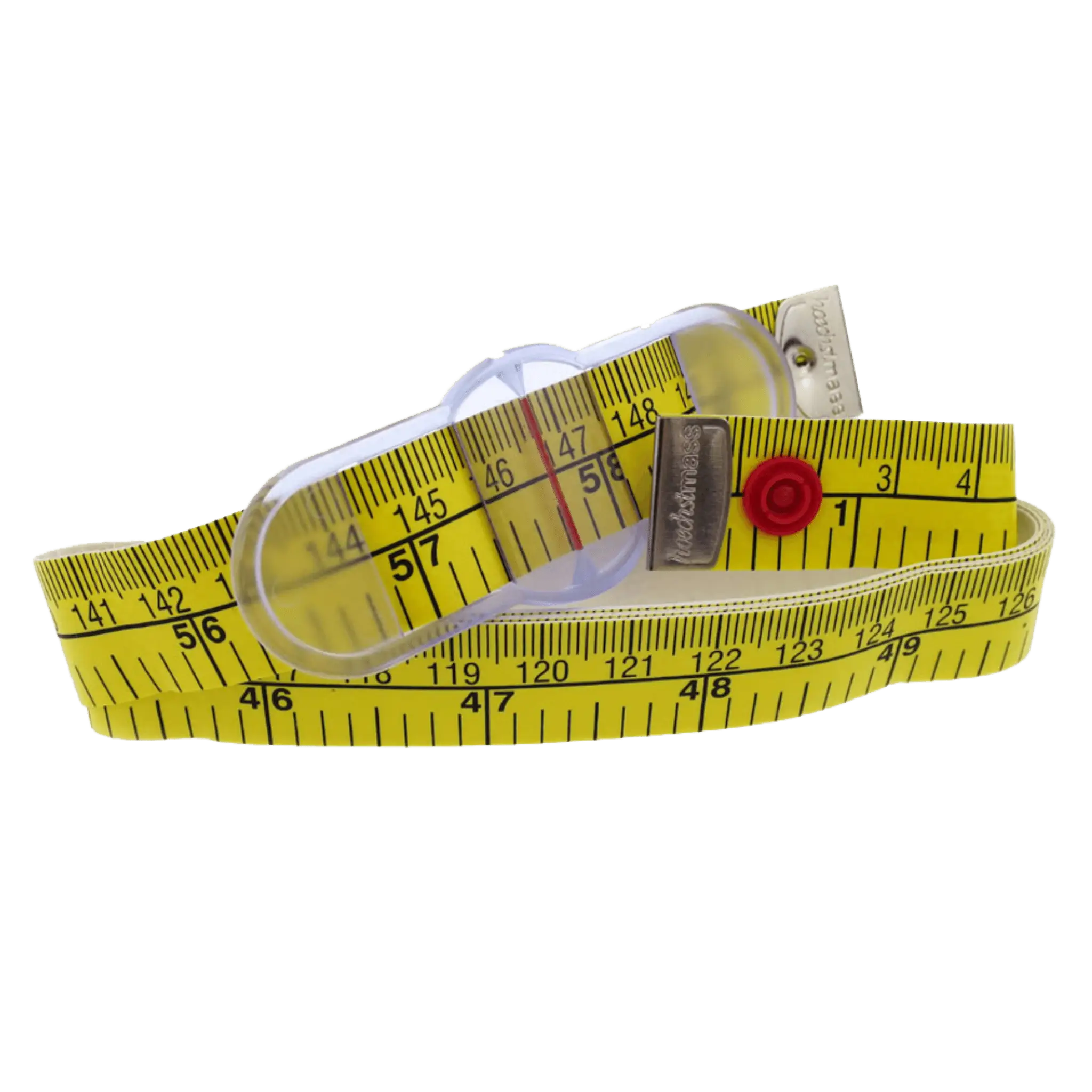 Yellow measuring tape with a red button on a white background