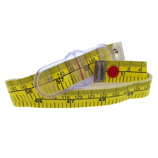 Yellow measuring tape with a red button on a white background