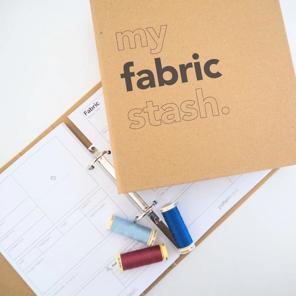 A brown paper bag colored book that says "my fabric stash" and a page of stickers that are shades of blue on a white background that describe the  seasons and occasions to wear clothing.  There are red and blue spools of thread in the center bottom portion of the photo