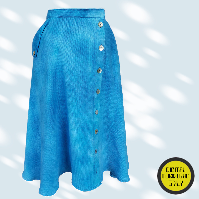 Blue skirt with button details on a light gray background