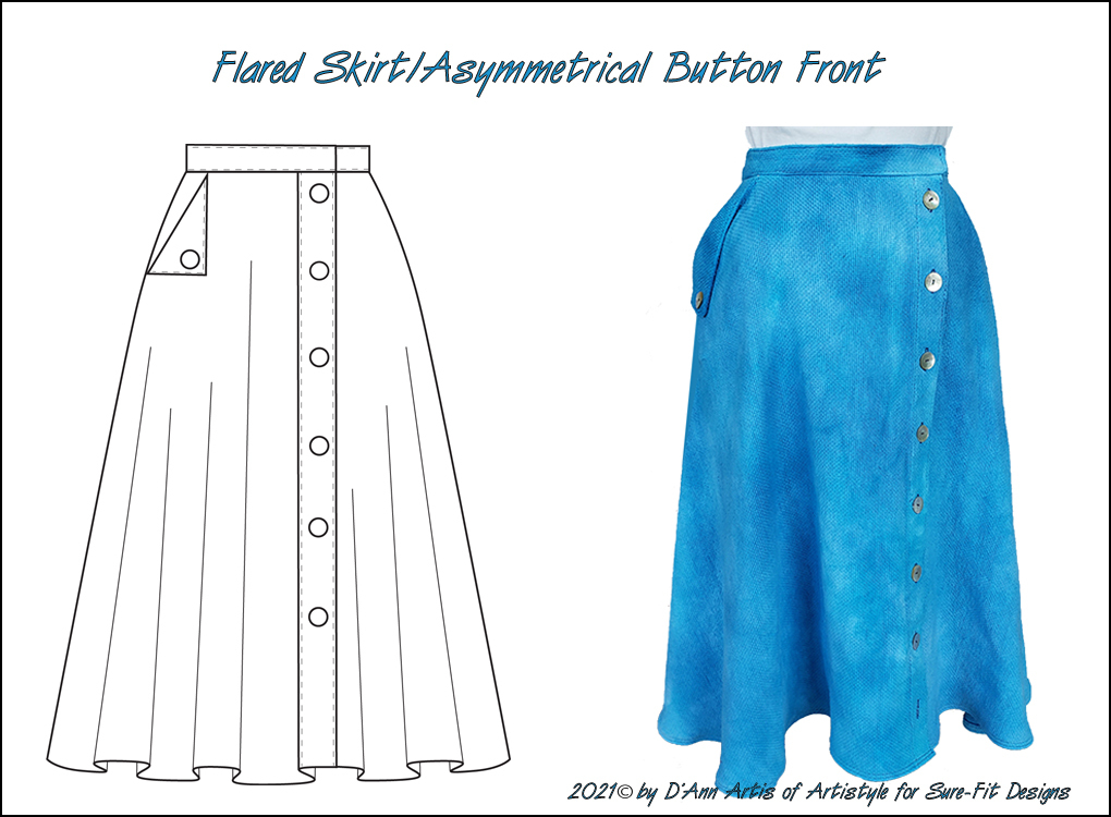 Blue skirt with asymmetrical button front and line drawing on a white background