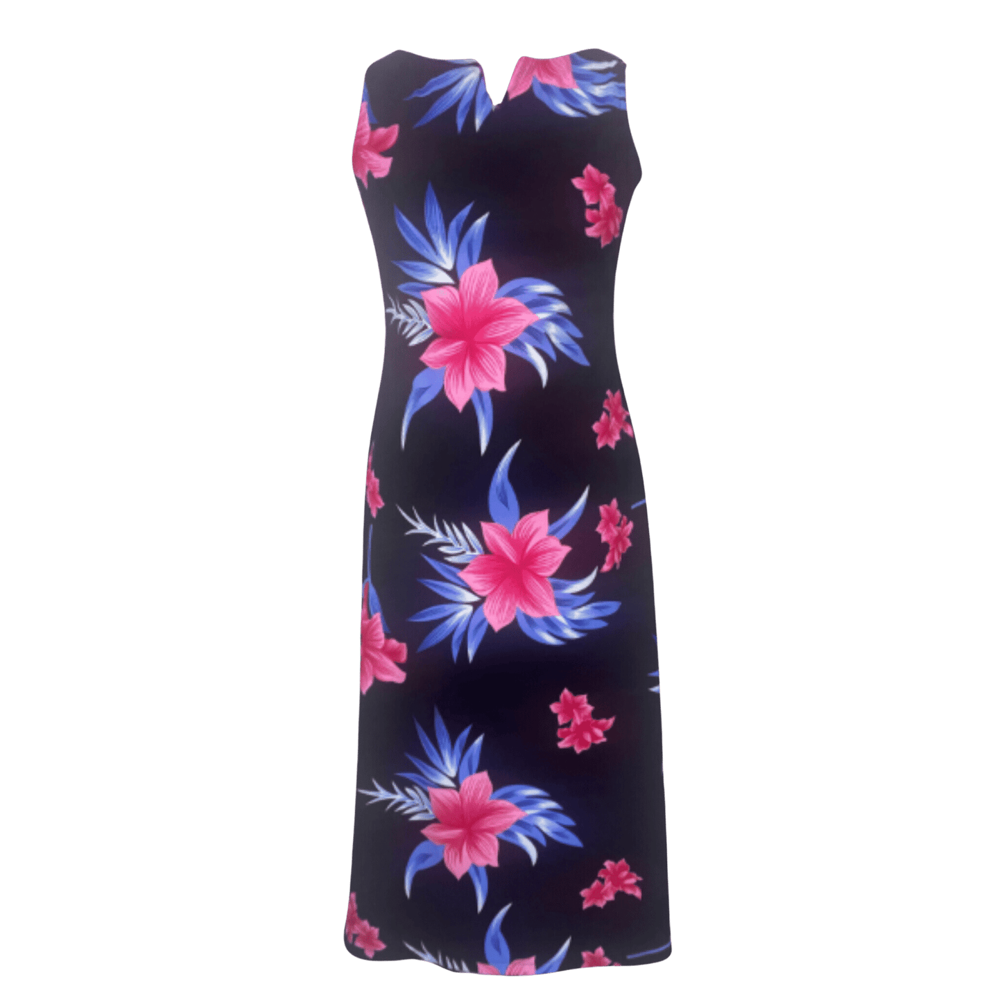 A Hawaiian inspired dress, black background with large pink hibiscus flowers and puple leaves
