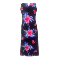 A Hawaiian inspired dress, black background with large pink hibiscus flowers and puple leaves