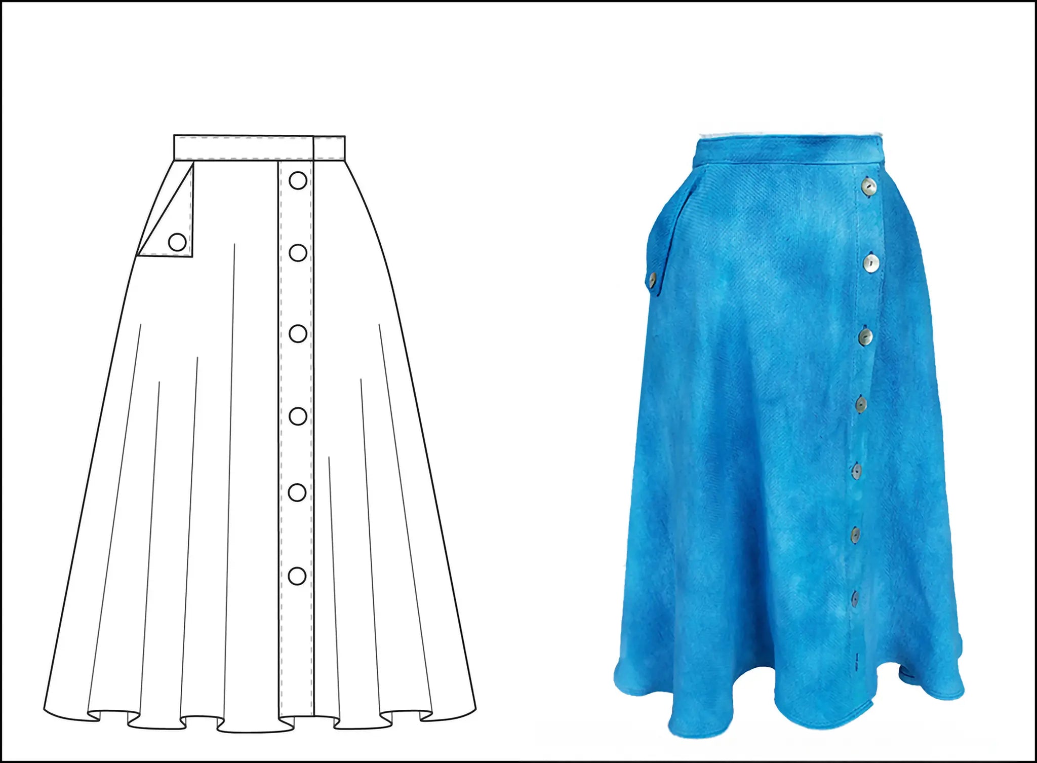 Blue skirt with button details next to its line drawing on a white background