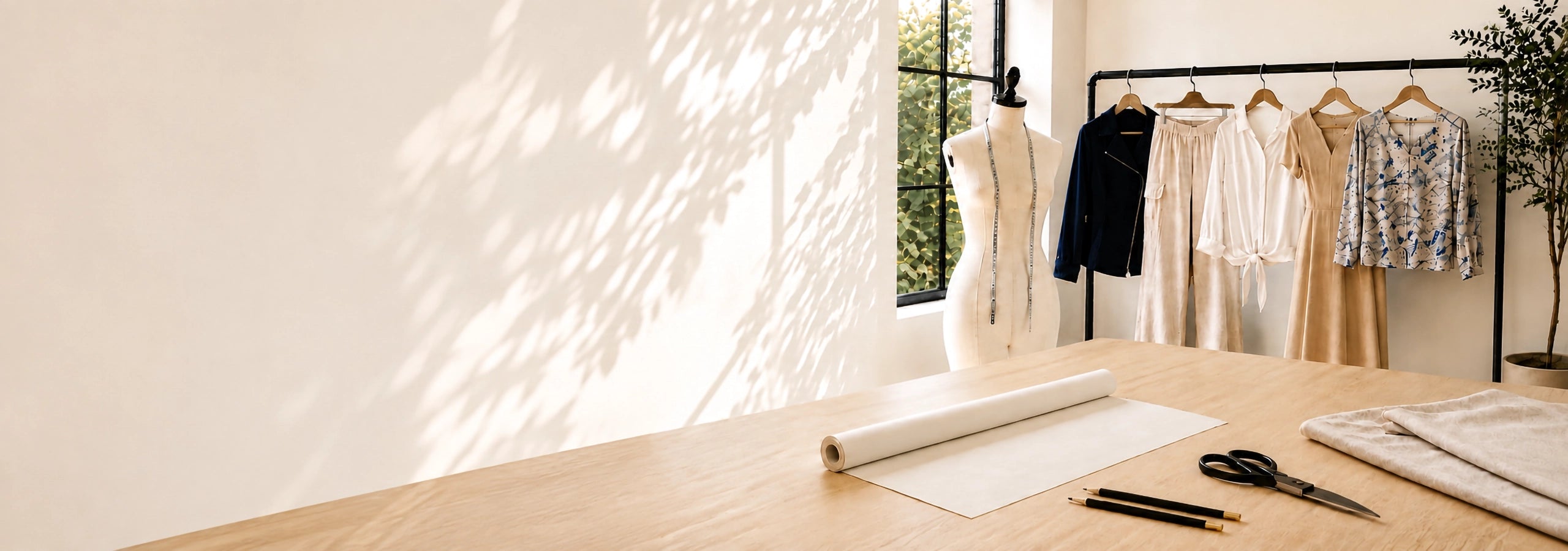 A styled interior scene with a wooden table in the foreground holding a rolled fabric, scissors, and pencils, beside a clothing rack with several garments and a dress form near a window. Strong sunlight casts leaf-like shadows across the wall.