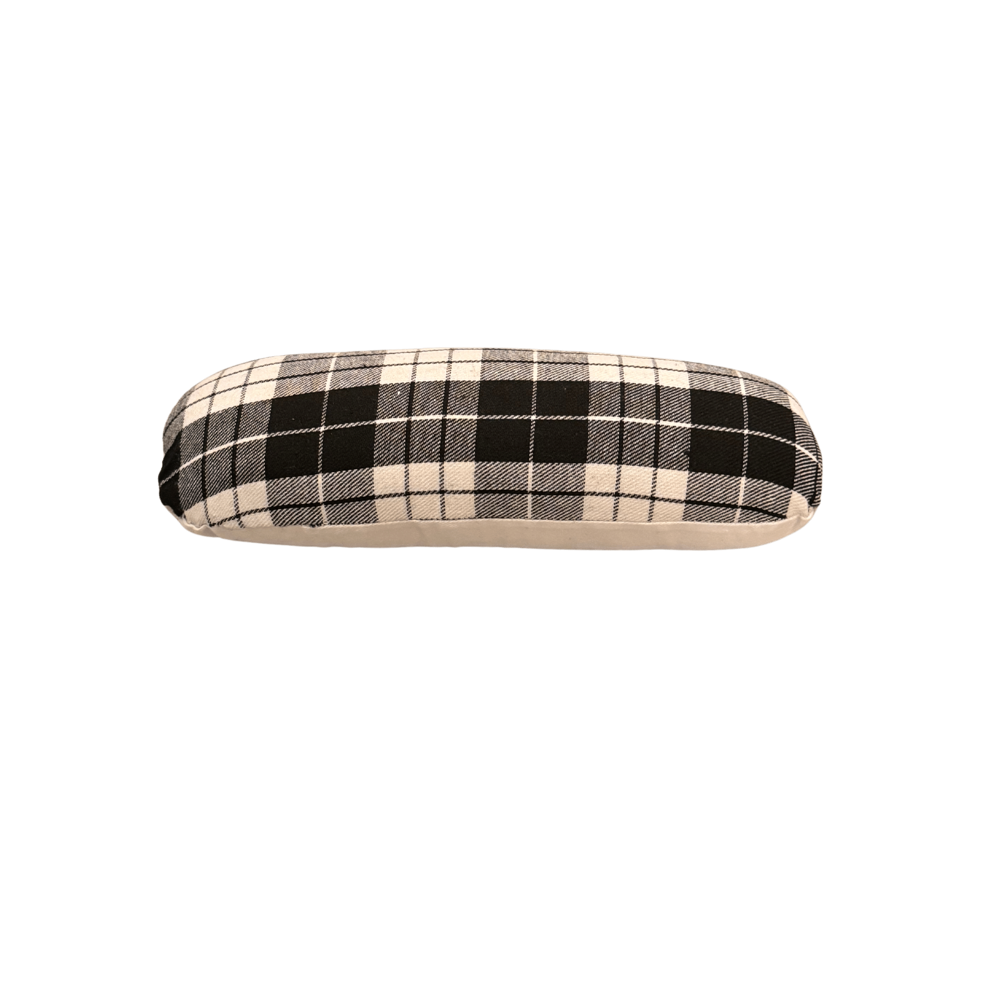 A seam roll made of white and black flannel fabric