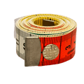 a mulit-colored 60-inch sewing tape measure rolled up with a snap