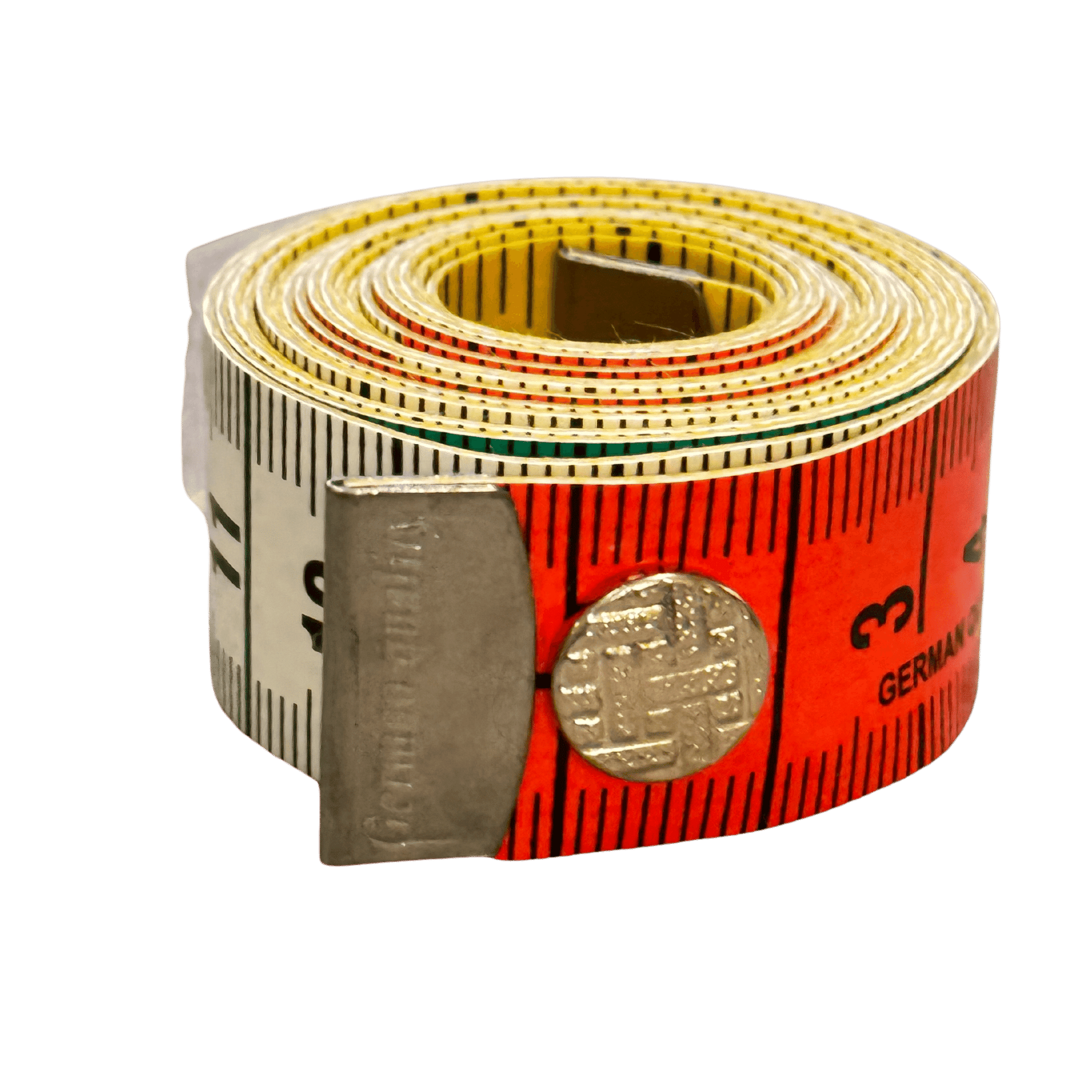 a mulit-colored 60-inch sewing tape measure rolled up with a snap