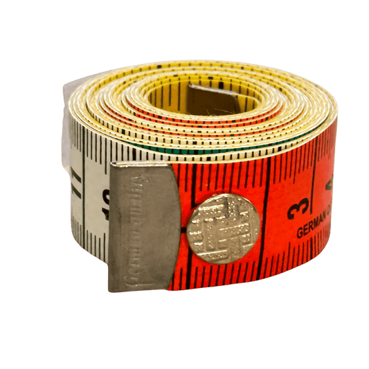 a mulit-colored 60-inch sewing tape measure rolled up with a snap