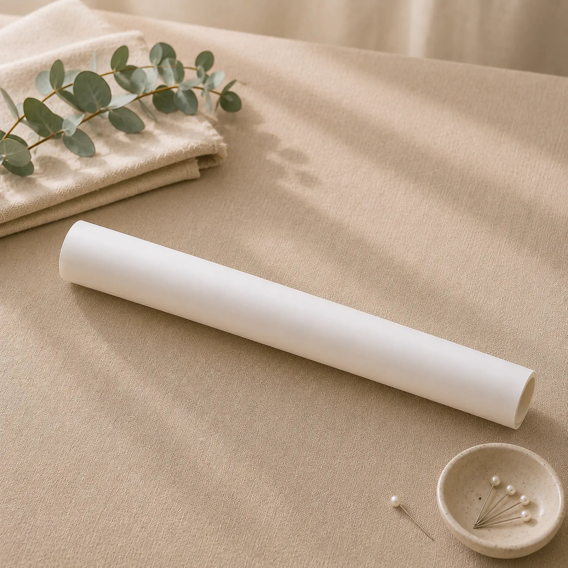 A white cylindrical tube or roll lies diagonally on a beige fabric surface, styled with folded beige cloth, a green eucalyptus sprig, and a small dish of pins.