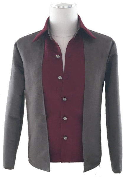 An open front gray men's jacket over a maroon button up shirt on a mannequin