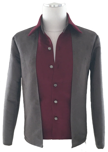 A digital pdf sewing pattern for an open front men's jacket.  The garment is gray over a maroon button up shirt on a mannequin