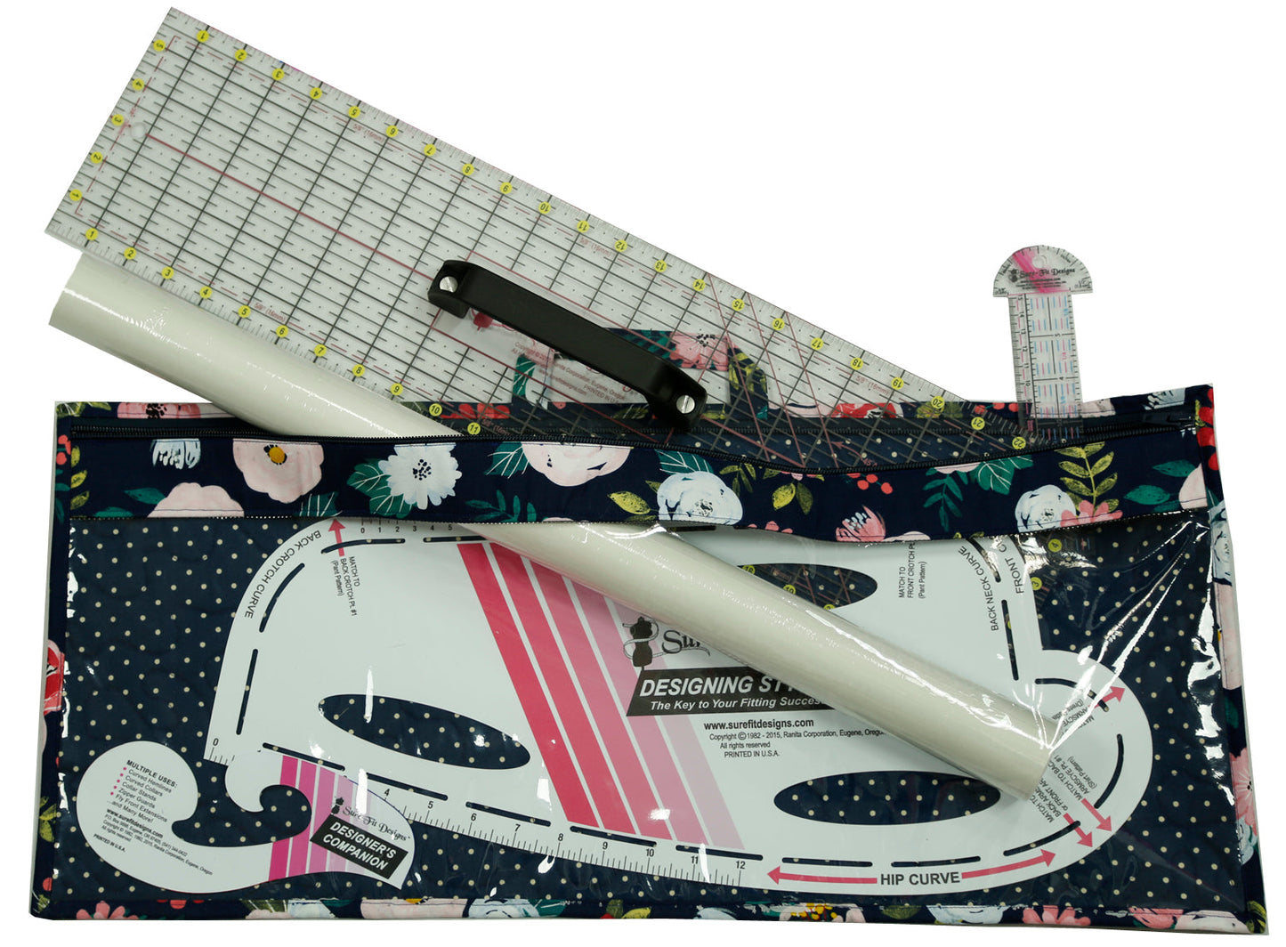 A large rectangle zippered bag that is clear in the front filled with sewing rulers 