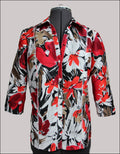 A digital sewing patter for a  3/4 sleeve shirt that buttons up the front with a collar.  The garment is on a mannequin. the fabric is large flowers of red orange and white 